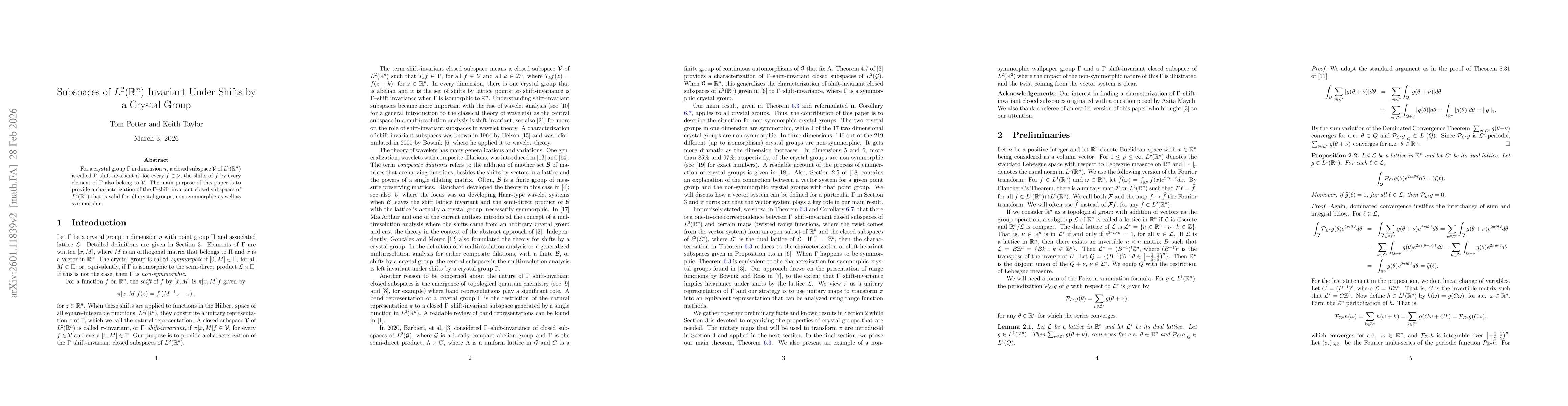 Thumbnail for Subspaces of $L^2(\mathbb{R}^n)$ Invariant Under Shifts by a Crystal Group