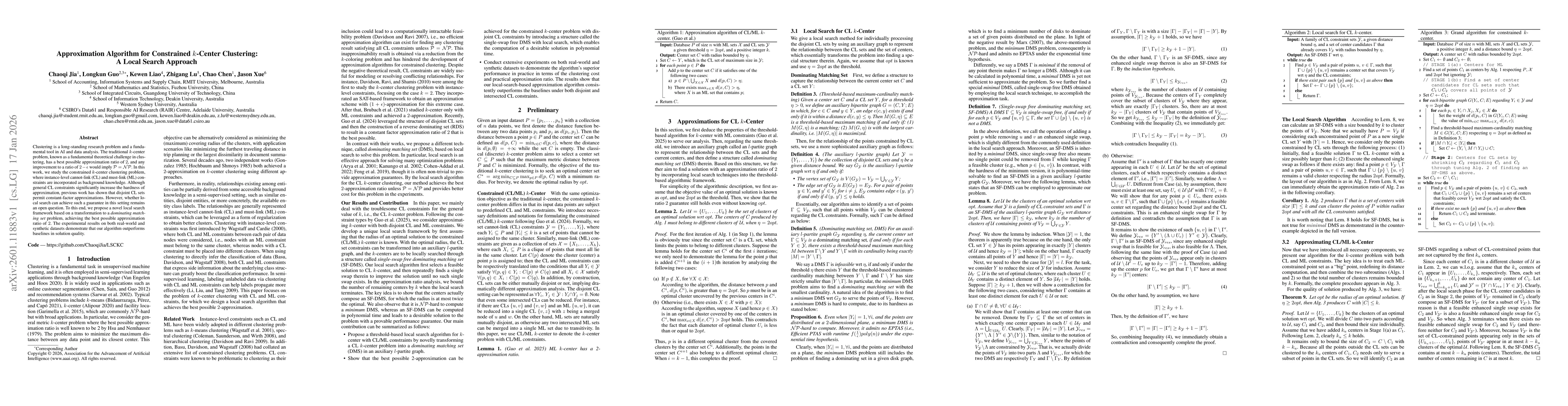 Thumbnail for Approximation Algorithm for Constrained $k$-Center Clustering: A Local Search Approach