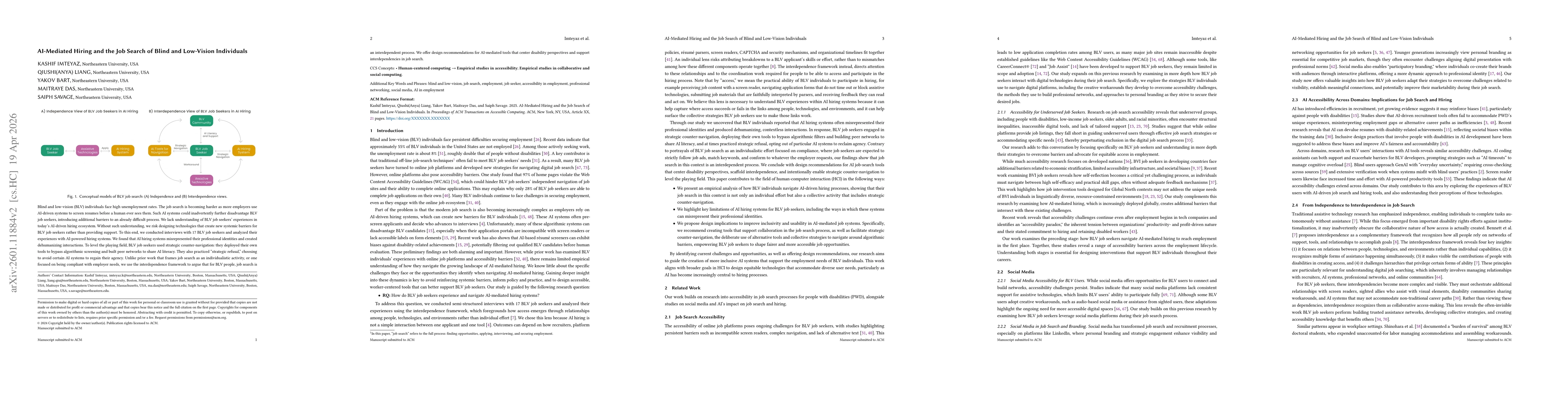 Thumbnail for AI-Mediated Hiring and the Job Search of Blind and Low-Vision Individuals