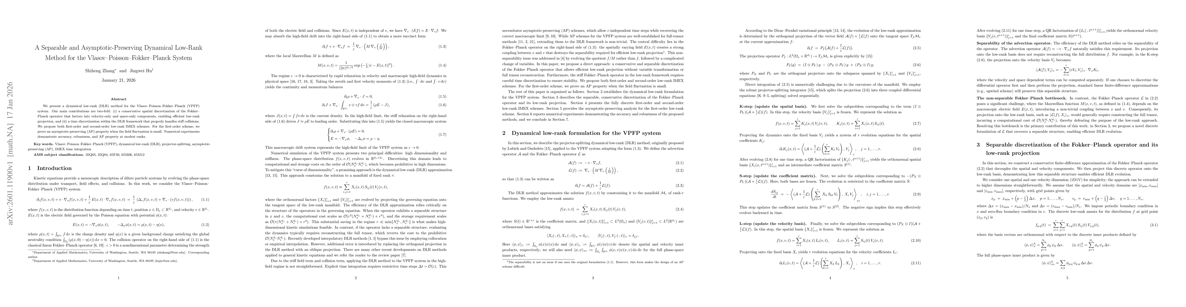 Thumbnail for A Separable and Asymptotic-Preserving Dynamical Low-Rank Method for the Vlasov--Poisson--Fokker--Planck System