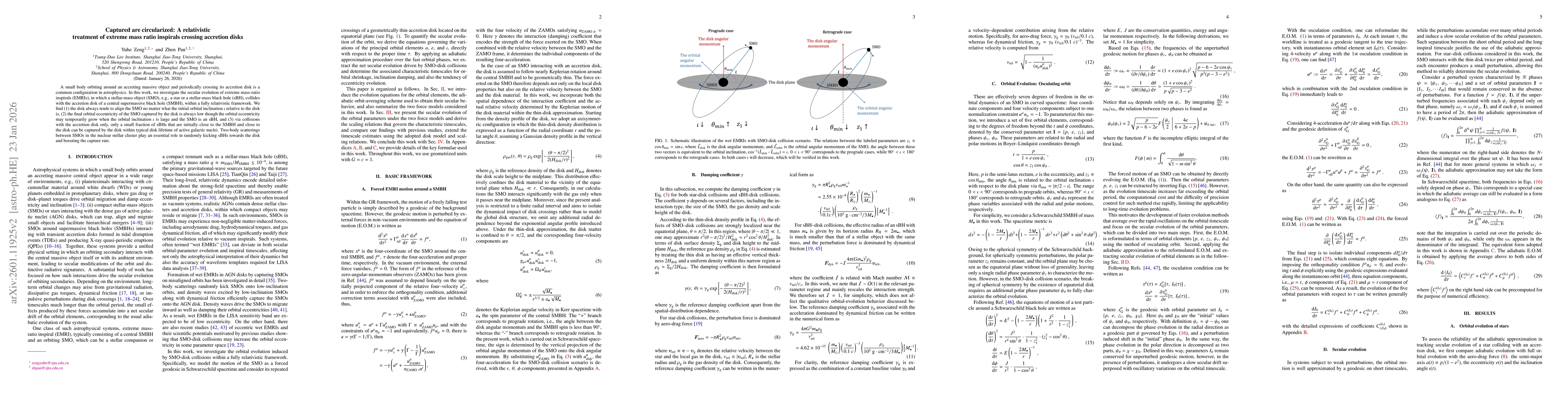 Thumbnail for Captured are circularized: A relativistic treatment of extreme mass ratio inspirals crossing accretion disks