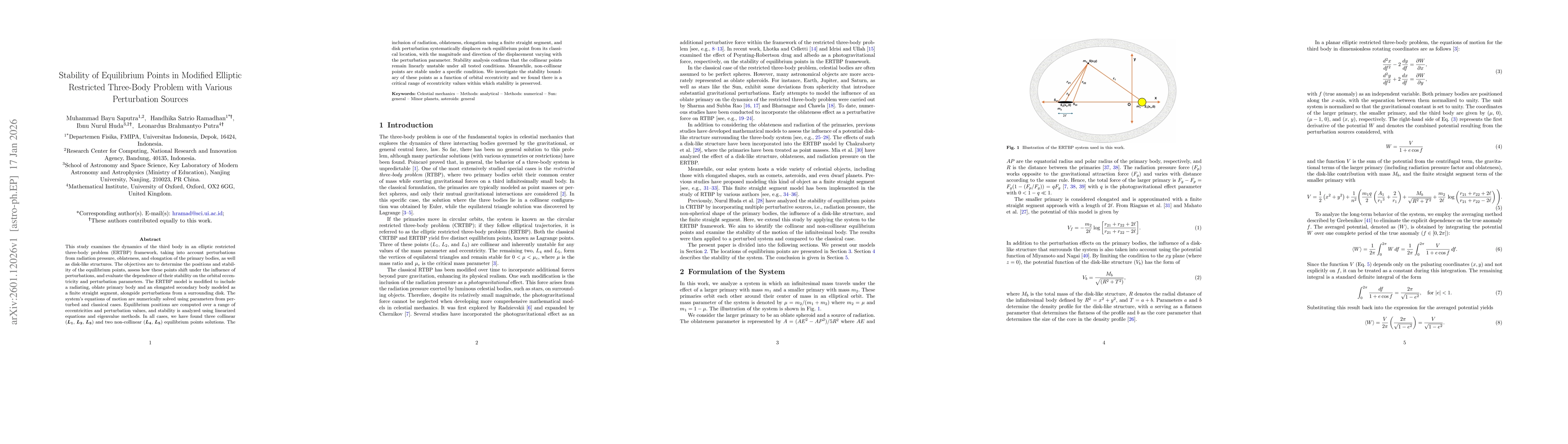 Thumbnail for Stability of equilibrium points in modified elliptic restricted three-body problem with various perturbation sources