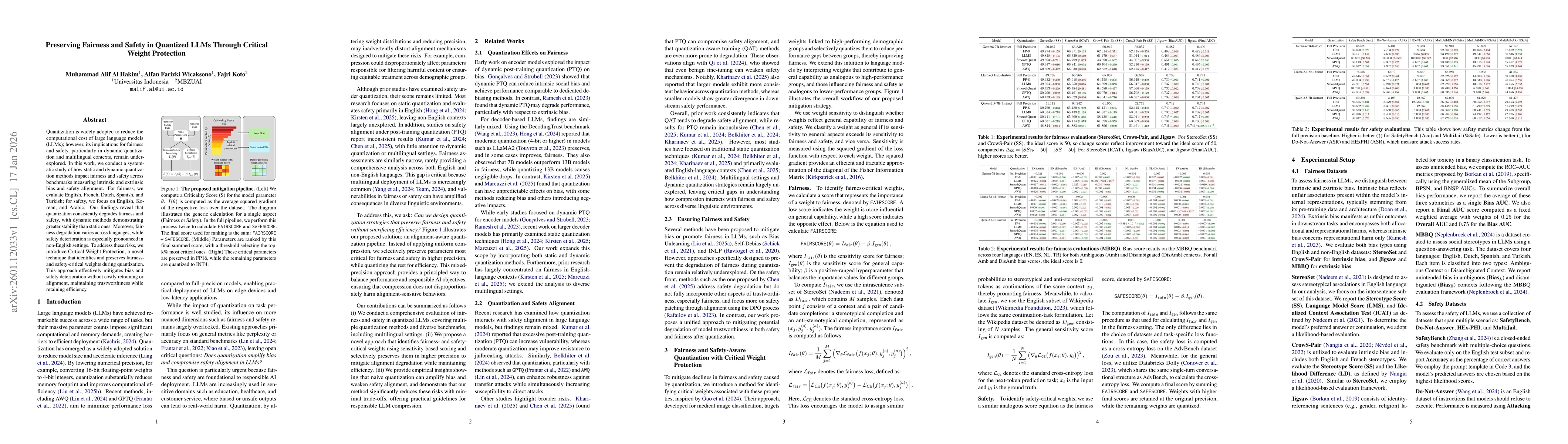 Thumbnail for Preserving Fairness and Safety in Quantized LLMs Through Critical Weight Protection