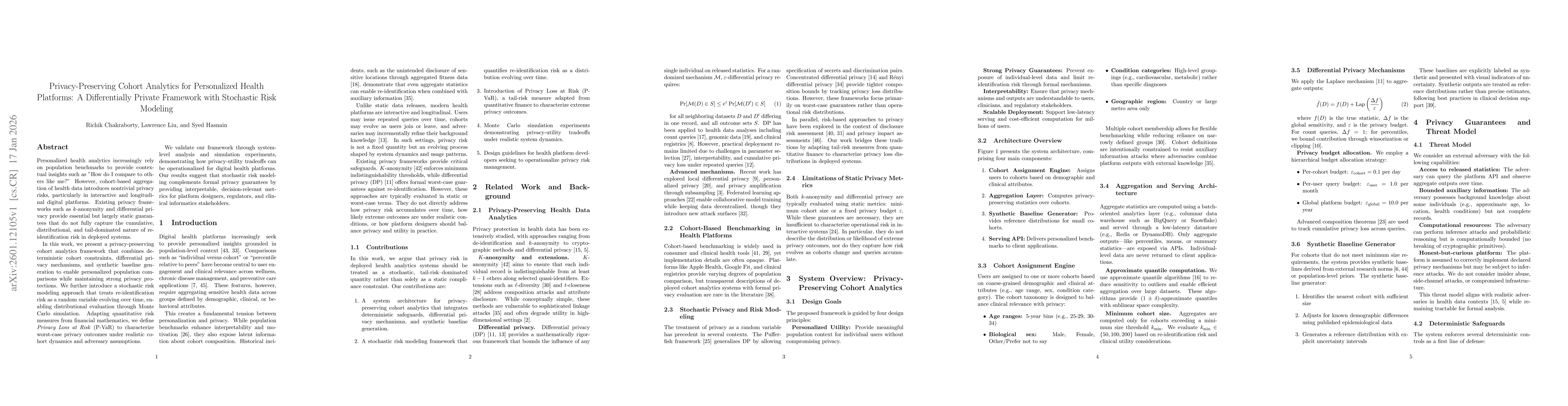 Thumbnail for Privacy-Preserving Cohort Analytics for Personalized Health Platforms: A Differentially Private Framework with Stochastic Risk Modeling