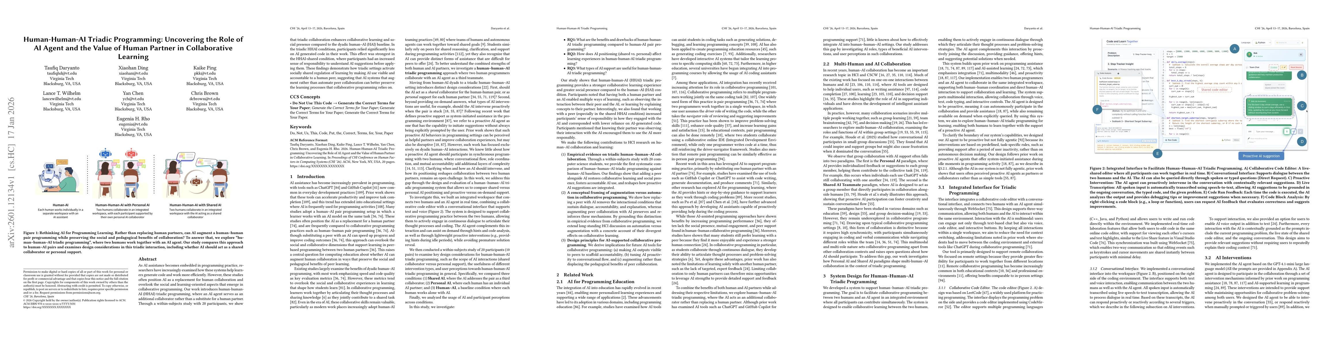 Thumbnail for Human-Human-AI Triadic Programming: Uncovering the Role of AI Agent and the Value of Human Partner in Collaborative Learning
