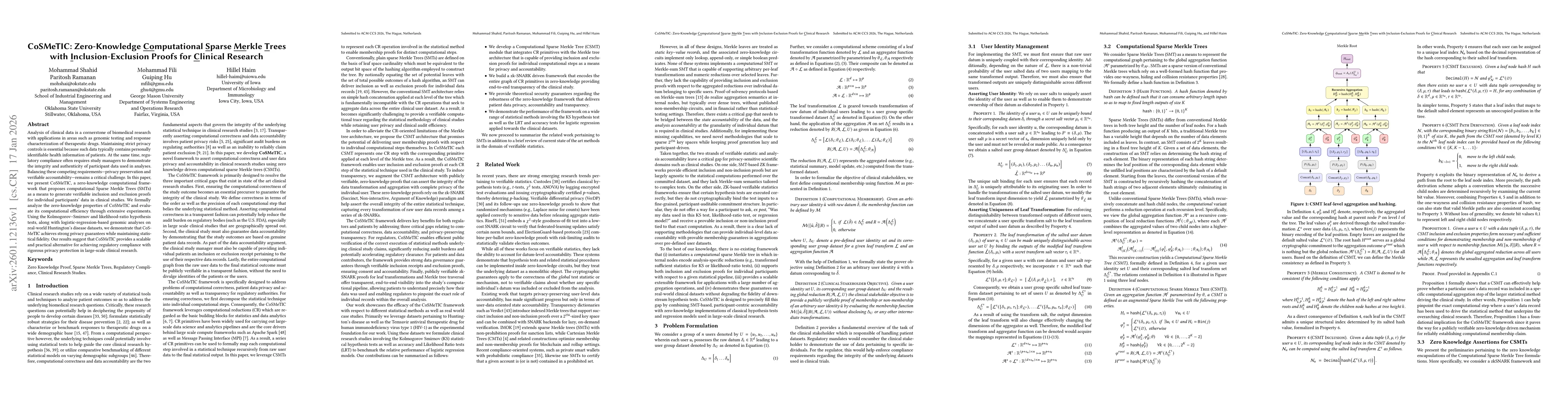 Thumbnail for CoSMeTIC: Zero-Knowledge Computational Sparse Merkle Trees with Inclusion-Exclusion Proofs for Clinical Research