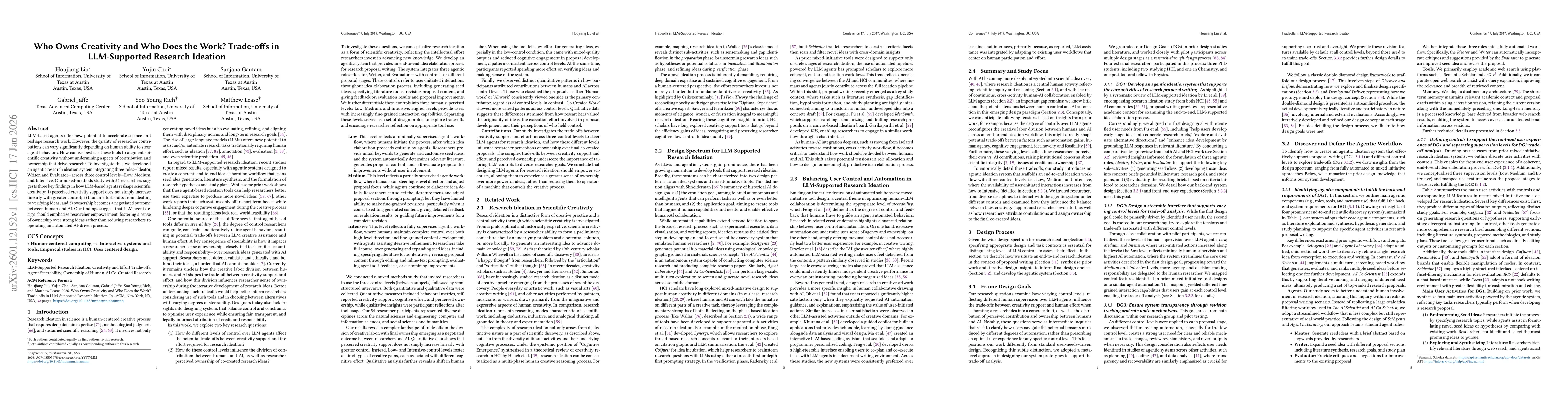 Thumbnail for Who Owns Creativity and Who Does the Work? Trade-offs in LLM-Supported Research Ideation