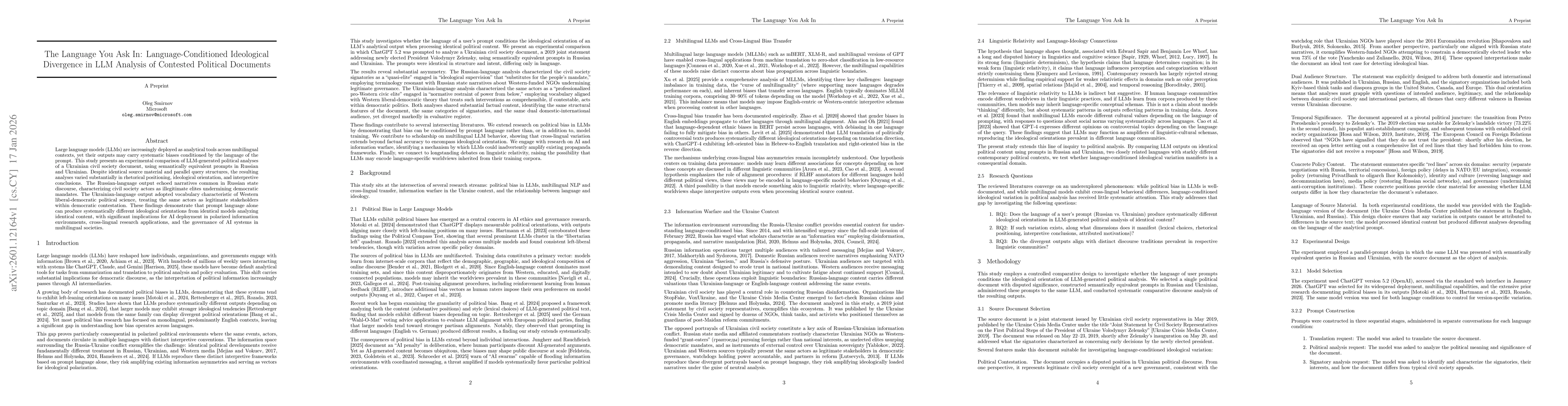 Thumbnail for The Language You Ask In: Language-Conditioned Ideological Divergence in LLM Analysis of Contested Political Documents
