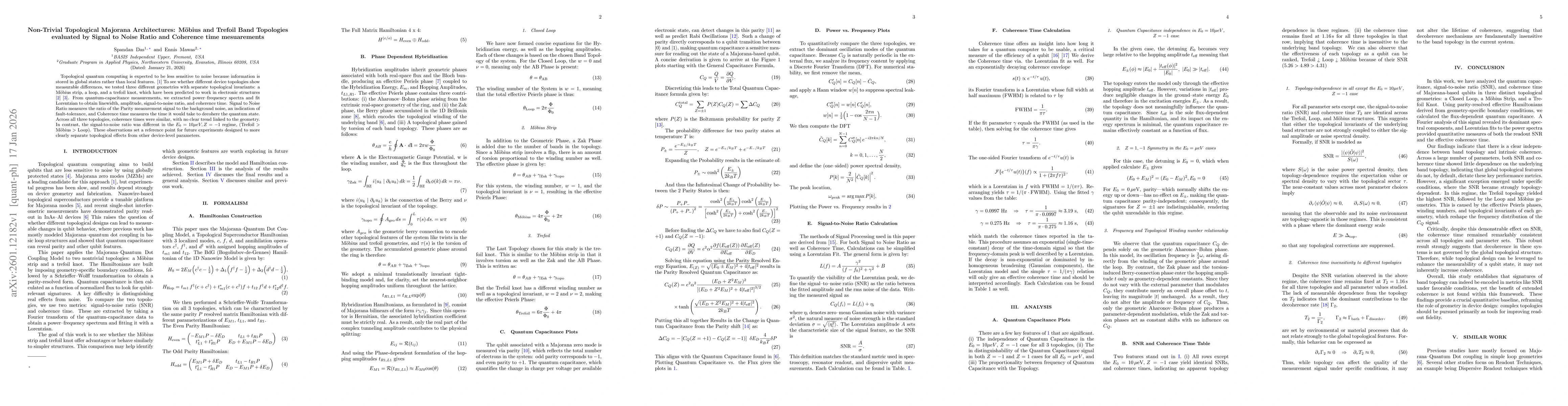 Thumbnail for Non-Trivial Topological Majorana Architectures: Mobius and Trefoil Band Topologies evaluated by Signal to Noise Ratio and Coherence time mesuarements