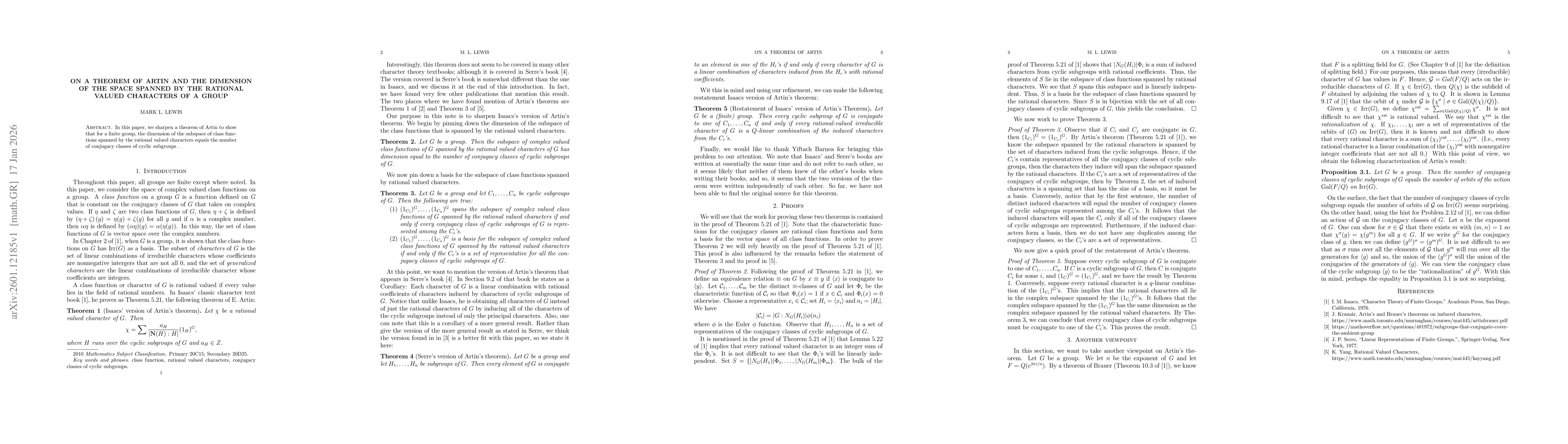 Thumbnail for On a theorem of Artin and the dimension of the space spanned by the rational valued characters of a group