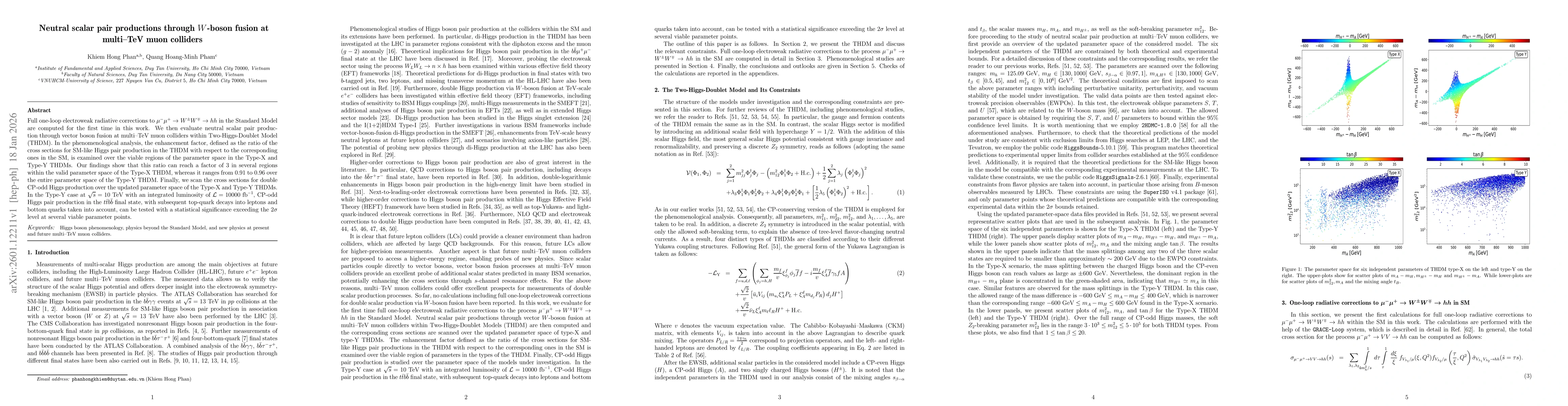 Thumbnail for Neutral scalar pair productions through $W$-boson fusion at multi--TeV muon colliders