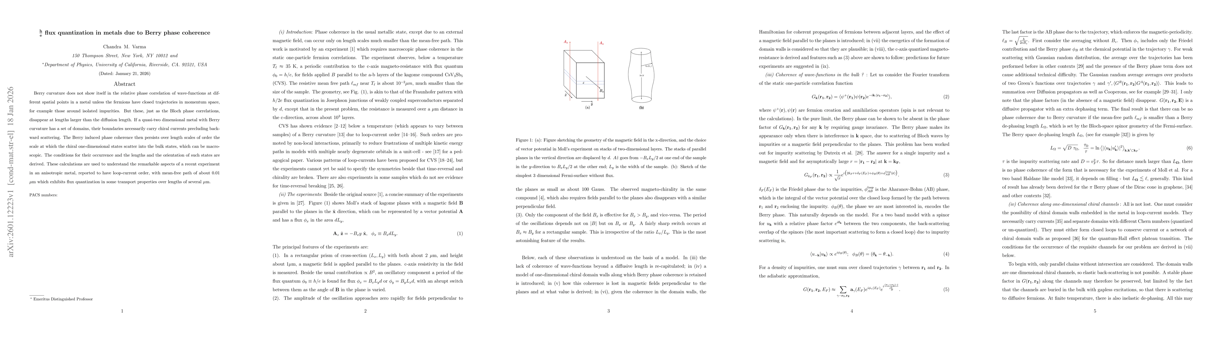 Thumbnail for ${\bf \frac{h}{e}}$ flux quantization in metals due to Berry phase coherence