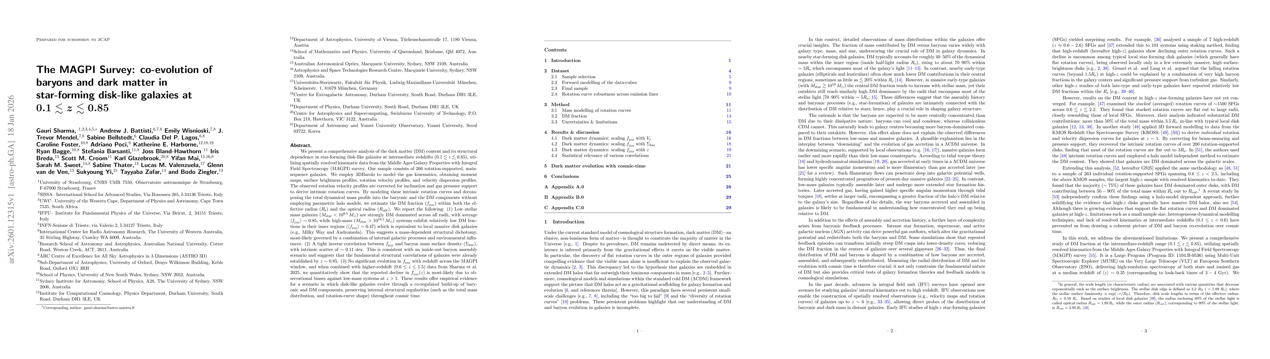 Thumbnail for The MAGPI Survey: co-evolution of baryons and dark matter in star-forming disk-like galaxies at $0.1 \lesssim z \lesssim 0.85$