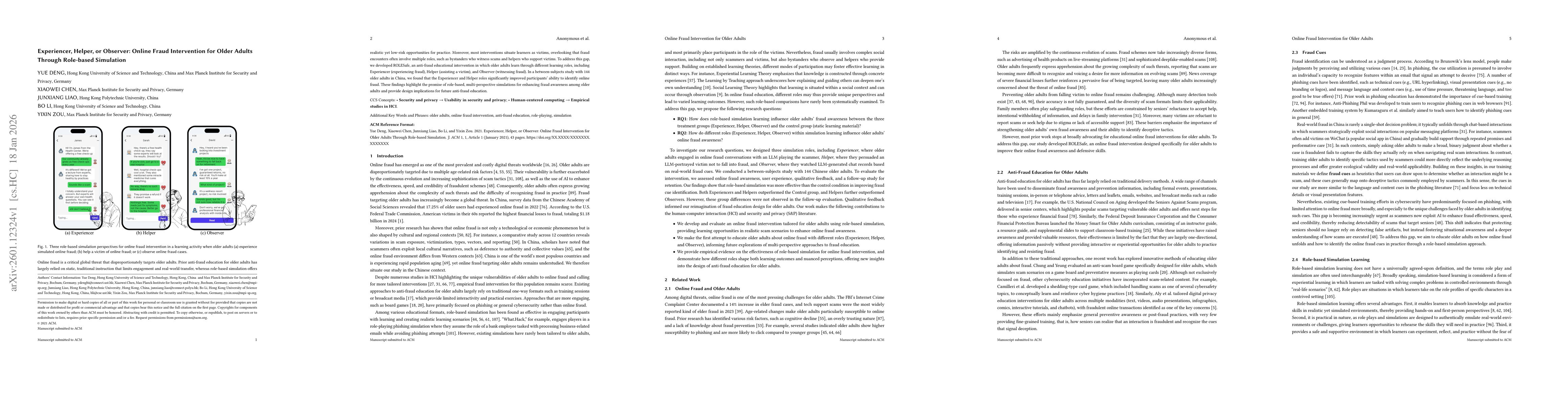 Thumbnail for Experiencer, Helper, or Observer: Online Fraud Intervention for Older Adults Through Role-based Simulation