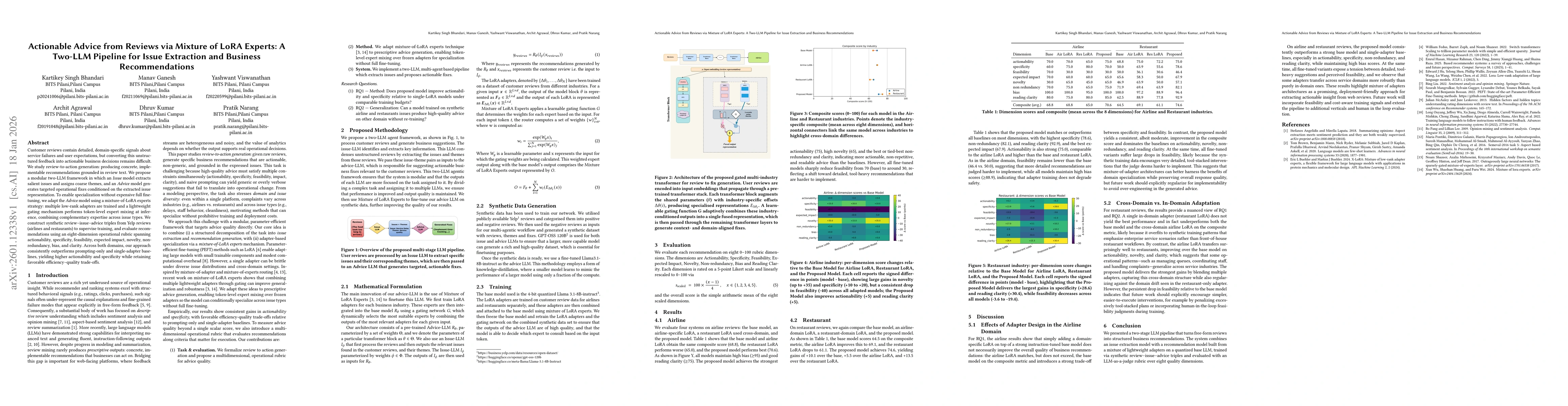 Thumbnail for Actionable Advice from Reviews via Mixture of LoRA Experts: A Two-LLM Pipeline for Issue Extraction and Business Recommendations
