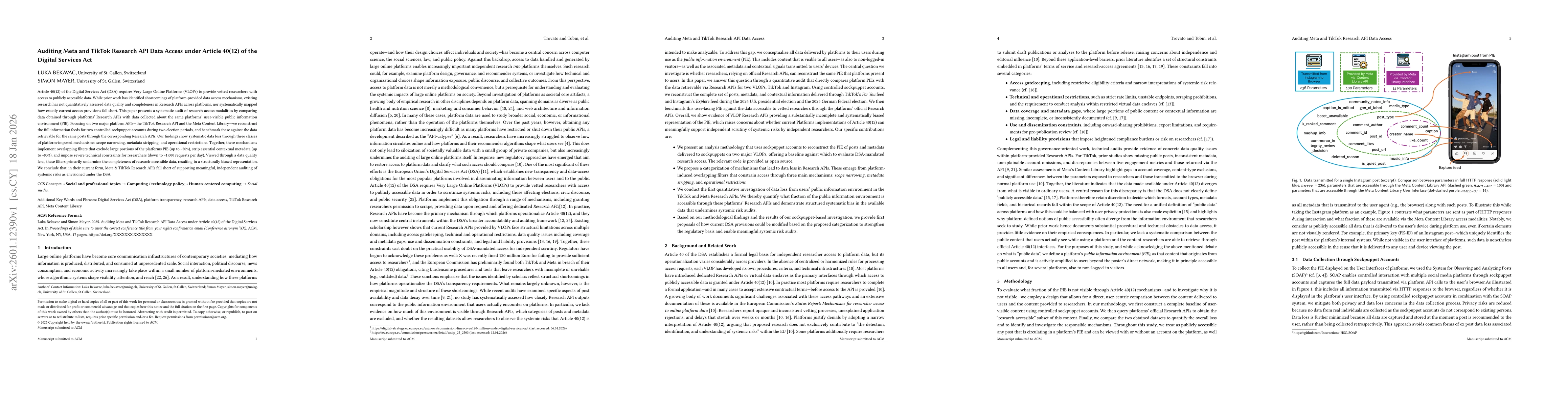 Thumbnail for Auditing Meta and TikTok Research API Data Access under Article 40(12) of the Digital Services Act