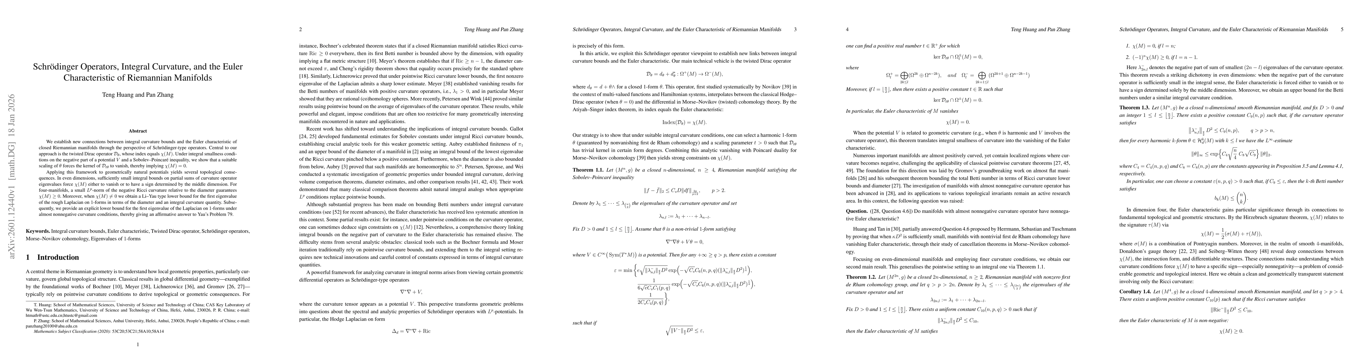Thumbnail for Schrödinger Operators, Integral Curvature, and the Euler Characteristic of Riemannian Manifolds