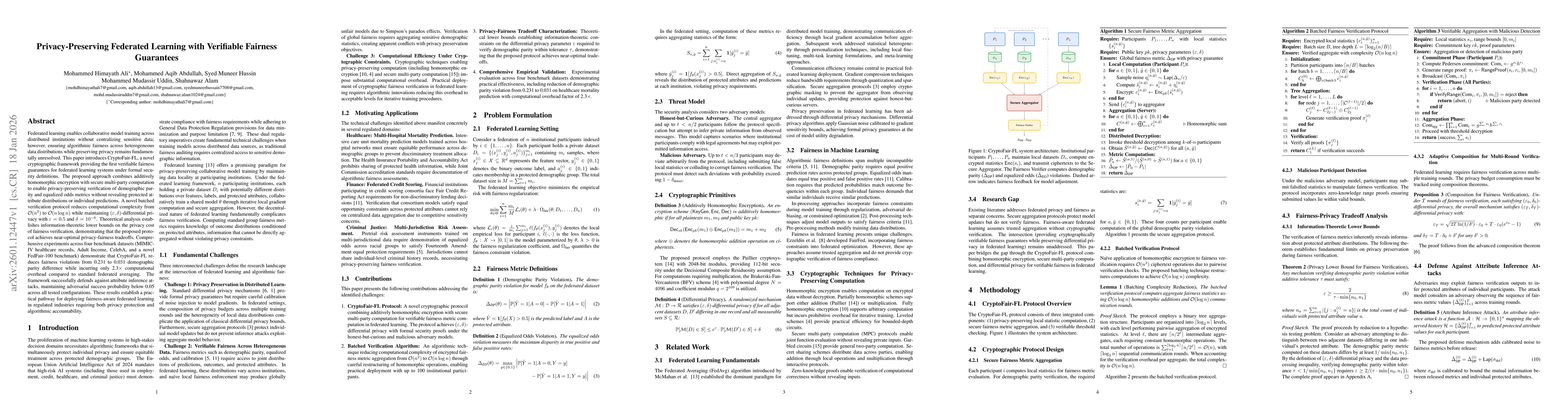 Thumbnail for Privacy-Preserving Federated Learning with Verifiable Fairness Guarantees