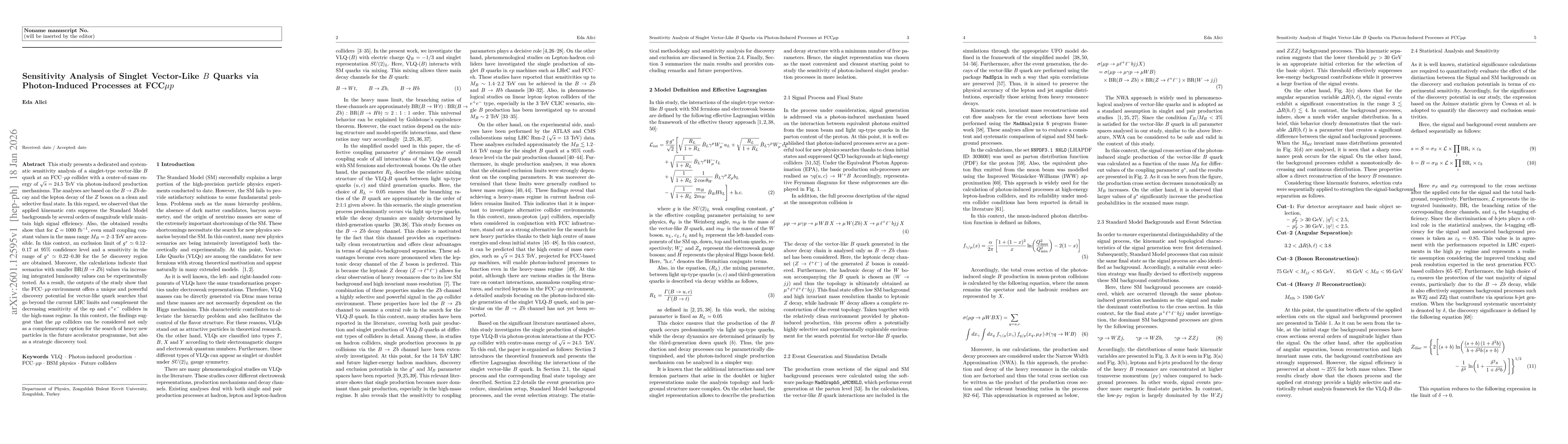 Thumbnail for Sensitivity Analysis of Singlet Vector-Like B Quarks via Photon-Induced Processes at FCC--$μp$
