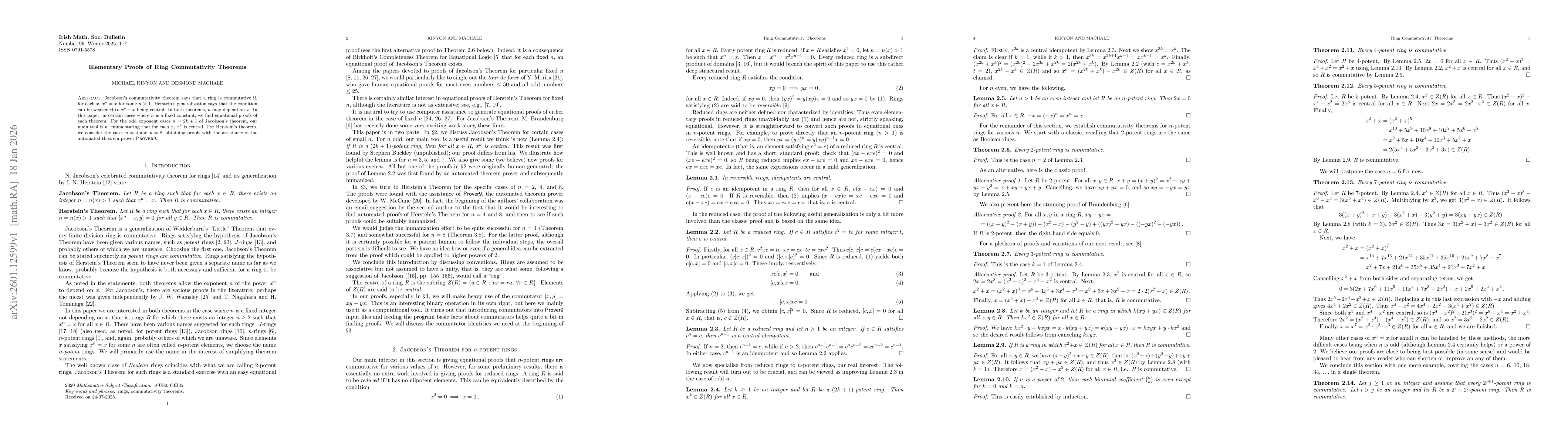 Thumbnail for Elementary proofs of ring commutativity theorems