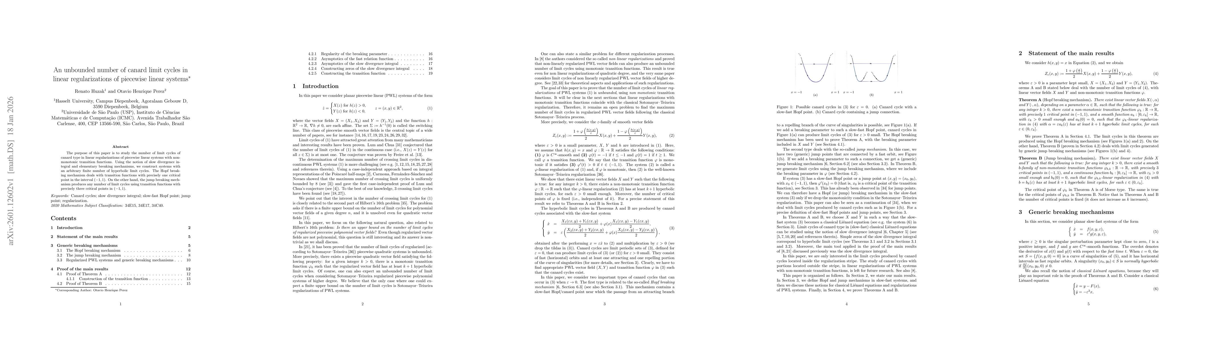 Thumbnail for An unbounded number of canard limit cycles in linear regularizations of piecewise linear systems
