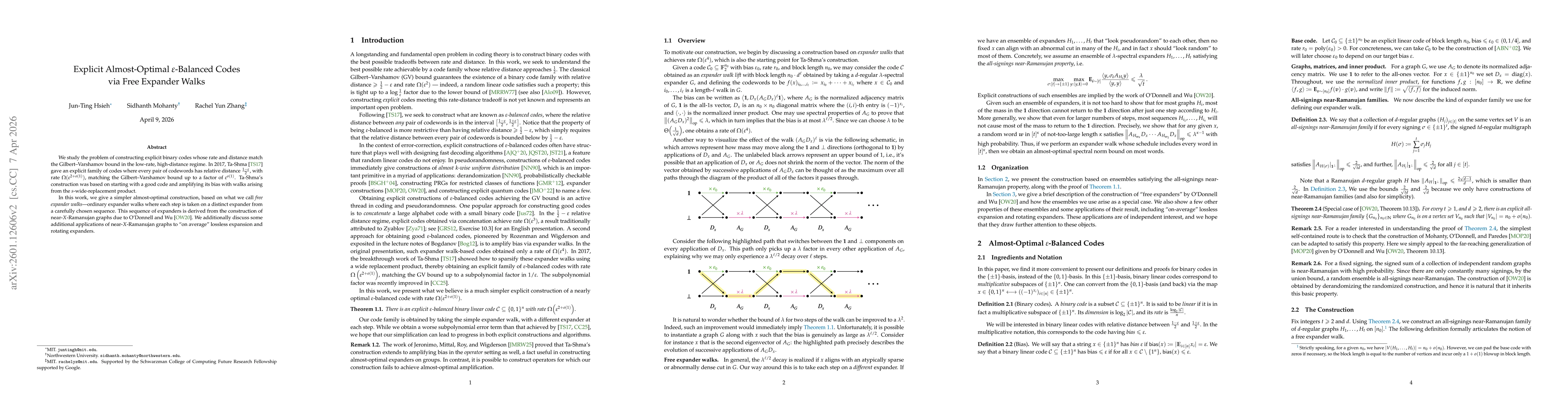 Thumbnail for Explicit Almost-Optimal $\varepsilon$-Balanced Codes via Free Expander Walks