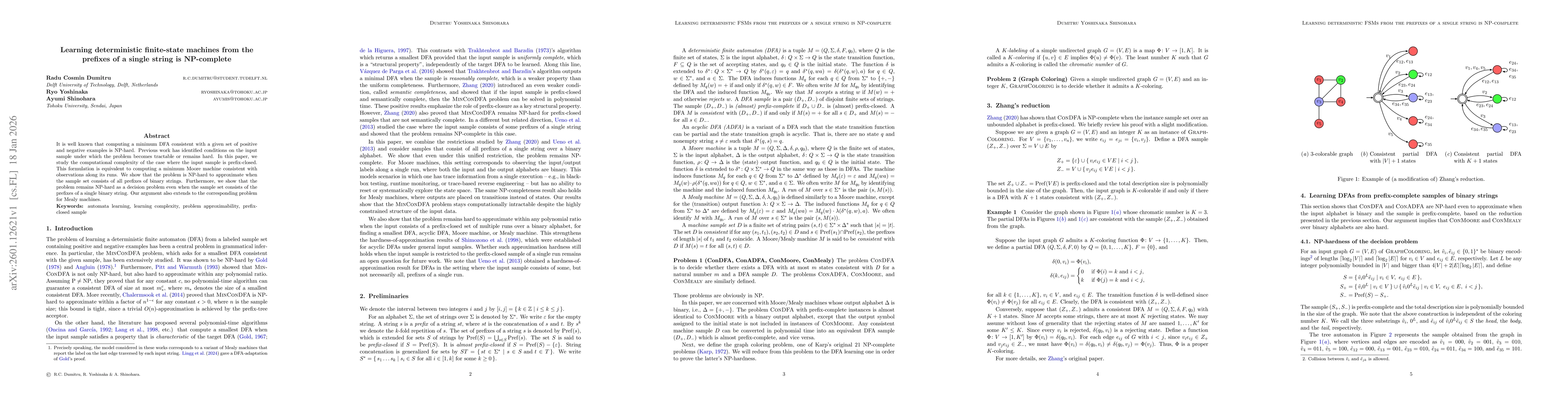 Thumbnail for Learning Deterministic Finite-State Machines from the Prefixes of a Single String is NP-Complete