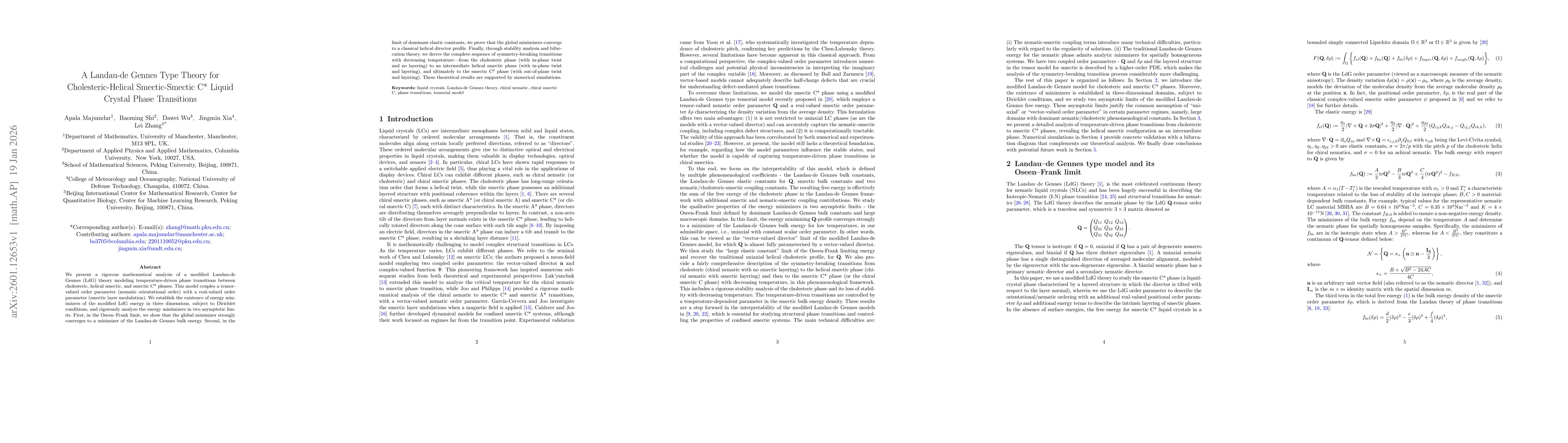 Thumbnail for A Landau-de Gennes Type Theory for Cholesteric-Helical Smectic-Smectic C* Liquid Crystal Phase Transitions
