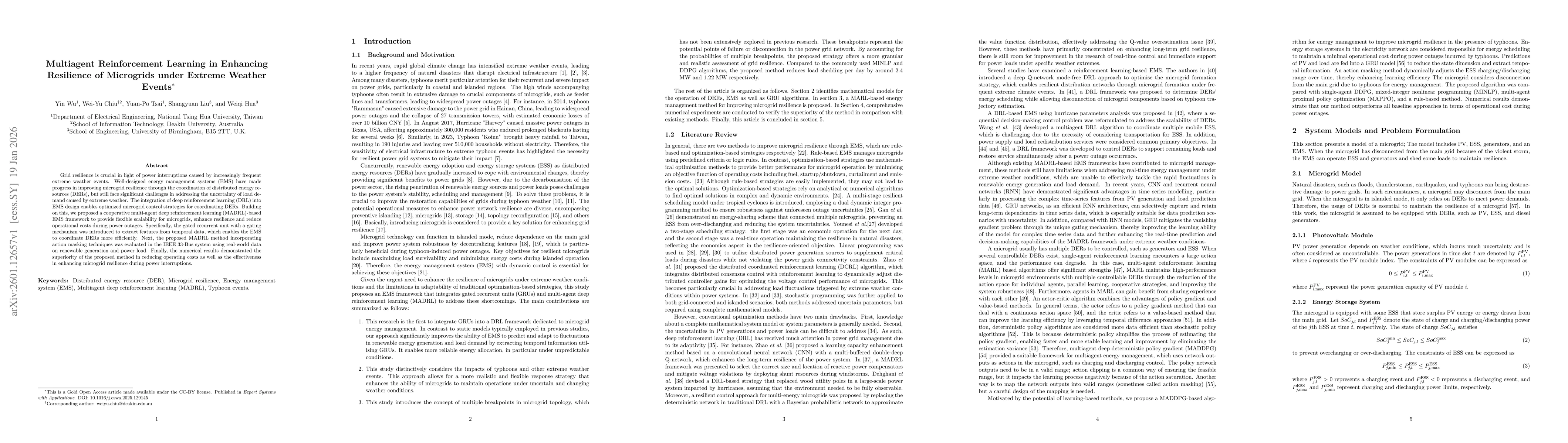 Thumbnail for Multiagent Reinforcement Learning in Enhancing Resilience of Microgrids under Extreme Weather Events