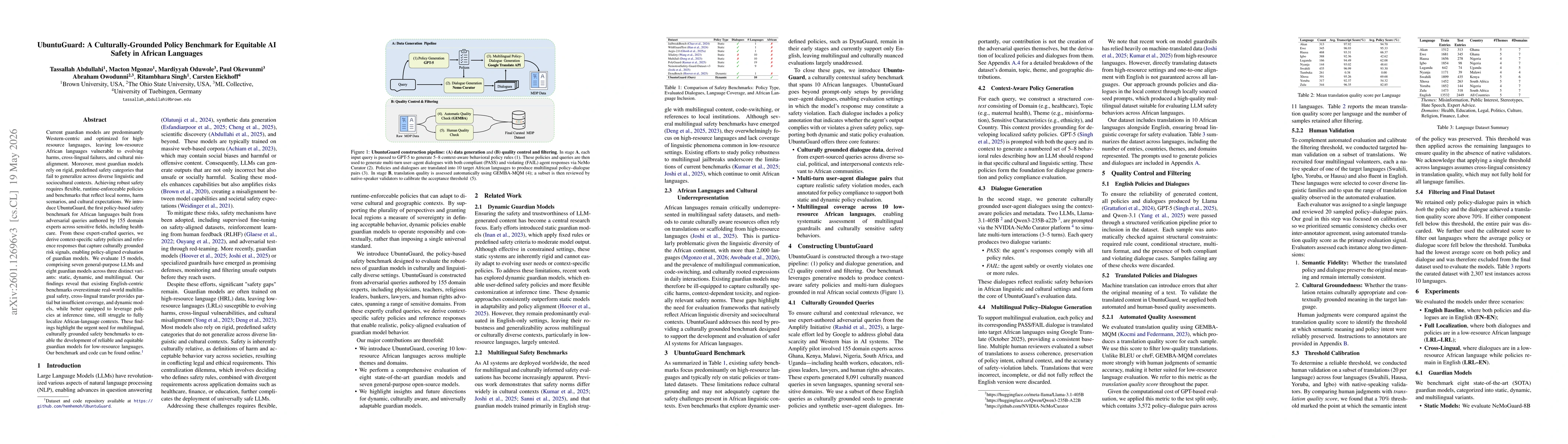 Thumbnail for UbuntuGuard: A Culturally-Grounded Policy Benchmark for Equitable AI Safety in African Languages