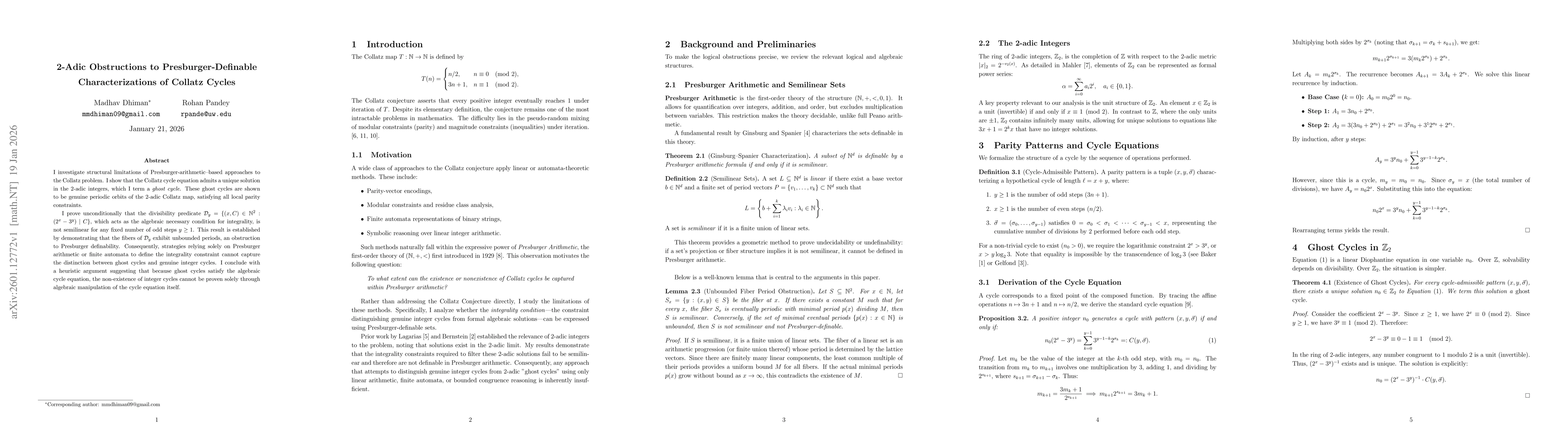 Thumbnail for 2-Adic Obstructions to Presburger-Definable Characterizations of Collatz Cycles