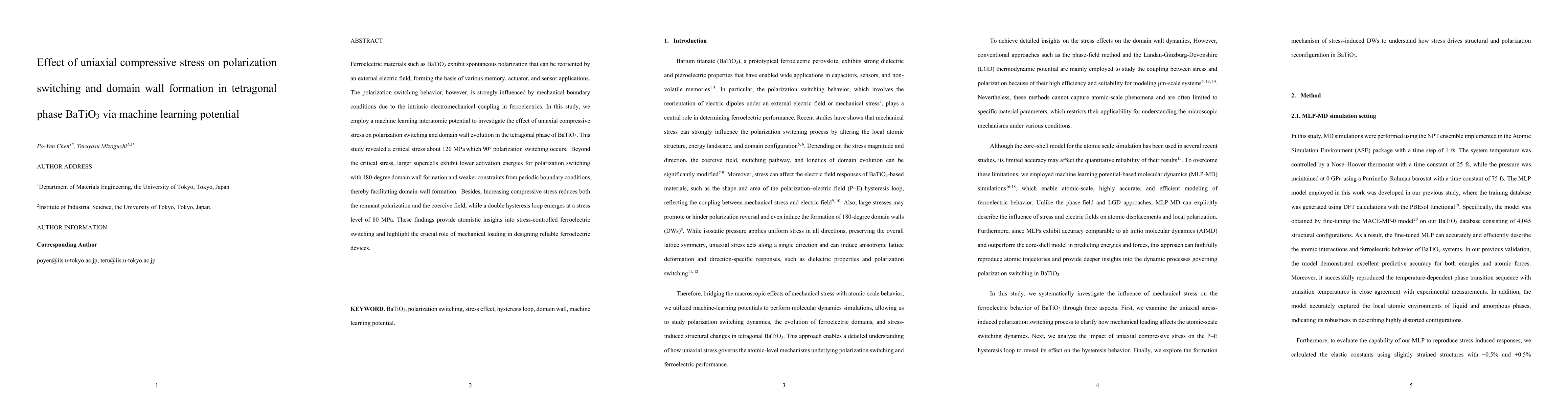 Thumbnail for Effect of uniaxial compressive stress on polarization switching and domain wall formation in tetragonal phase BaTiO3 via machine learning potential