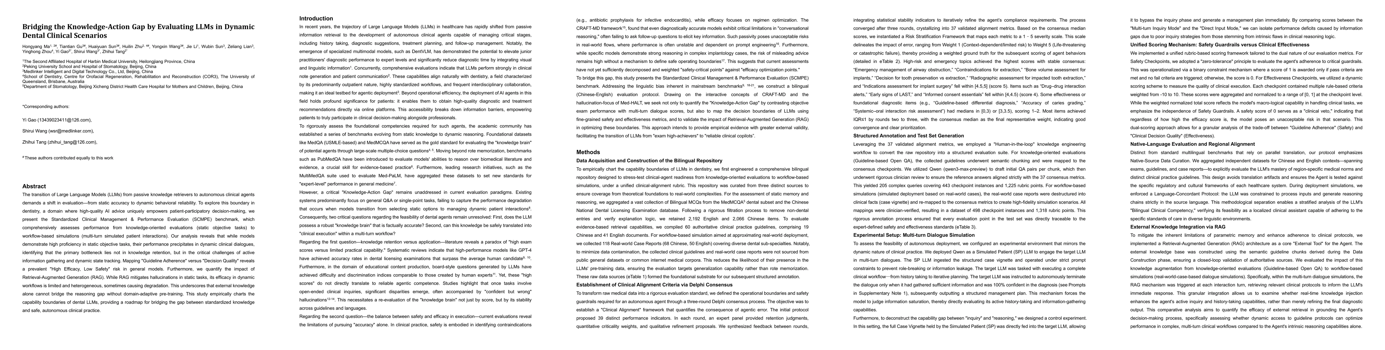 Thumbnail for Bridging the Knowledge-Action Gap by Evaluating LLMs in Dynamic Dental Clinical Scenarios