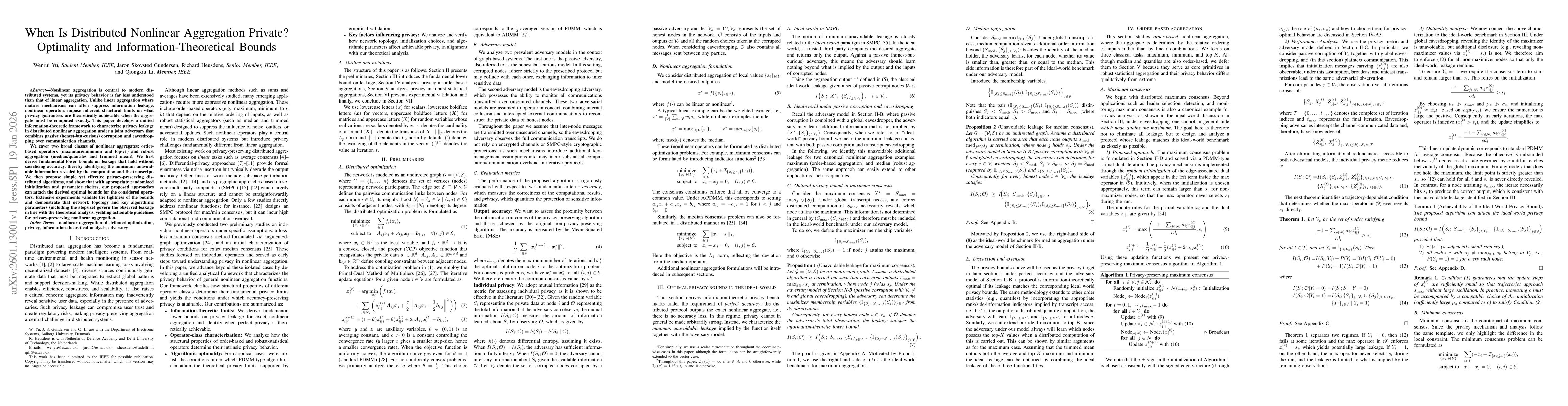Thumbnail for When Is Distributed Nonlinear Aggregation Private? Optimality and Information-Theoretical Bounds