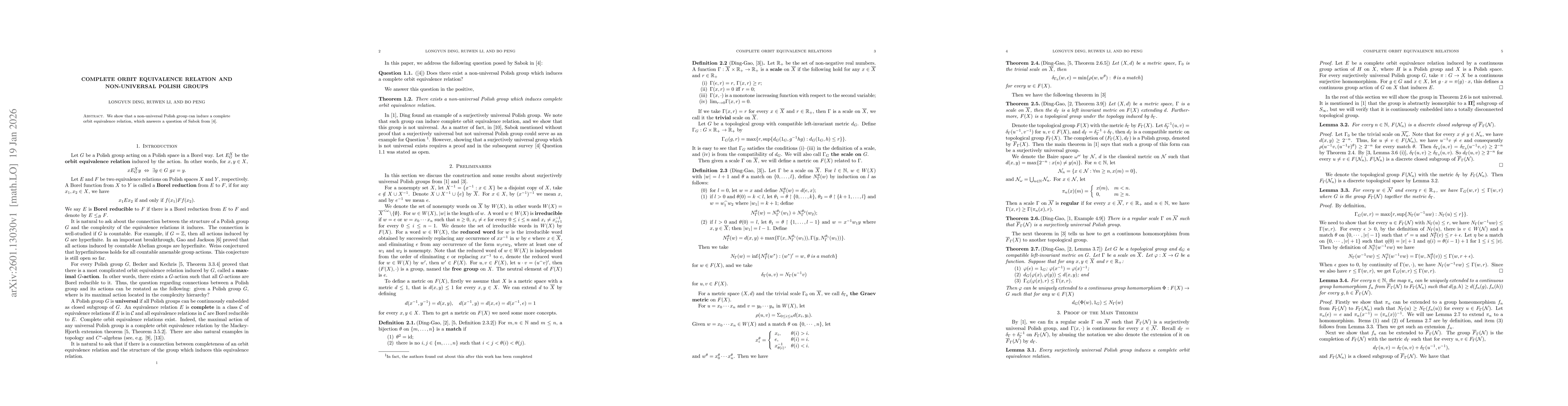 Thumbnail for Complete orbit equivalence relation and non-universal Polish groups