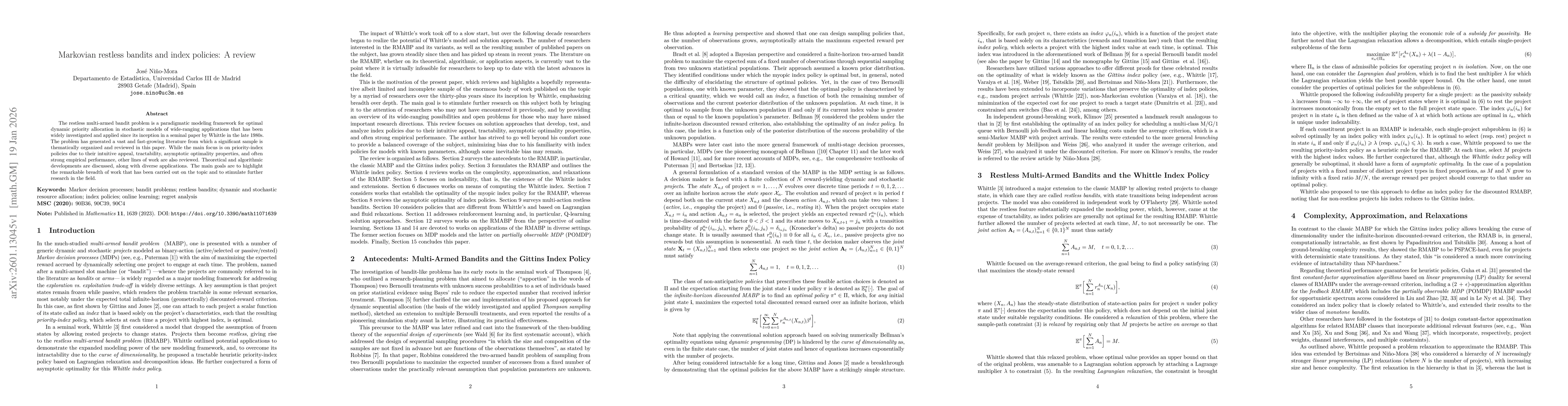 Thumbnail for Markovian restless bandits and index policies: A review