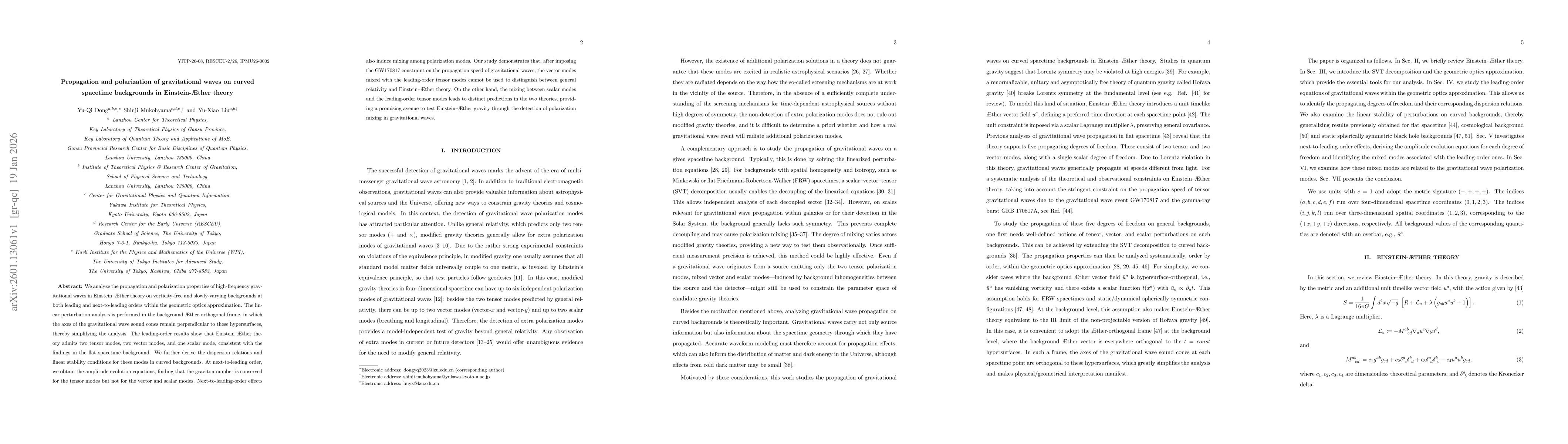 Thumbnail for Propagation and polarization of gravitational waves on curved spacetime backgrounds in Einstein-Æther theory
