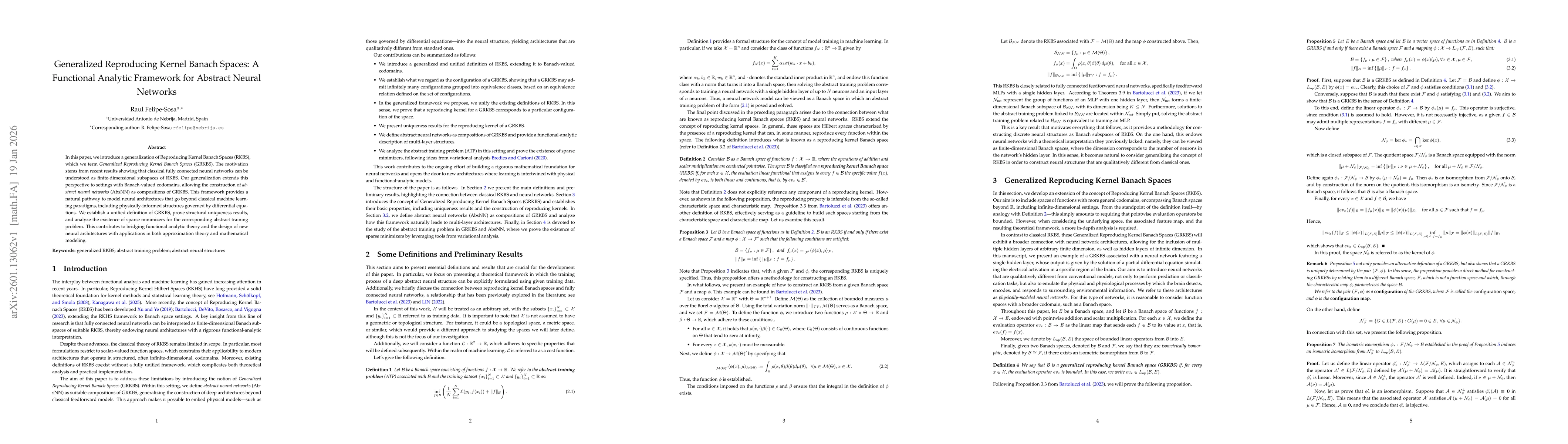 Thumbnail for Generalized Reproducing Kernel Banach Spaces: A Functional Analytic Framework for Abstract Neural Networks