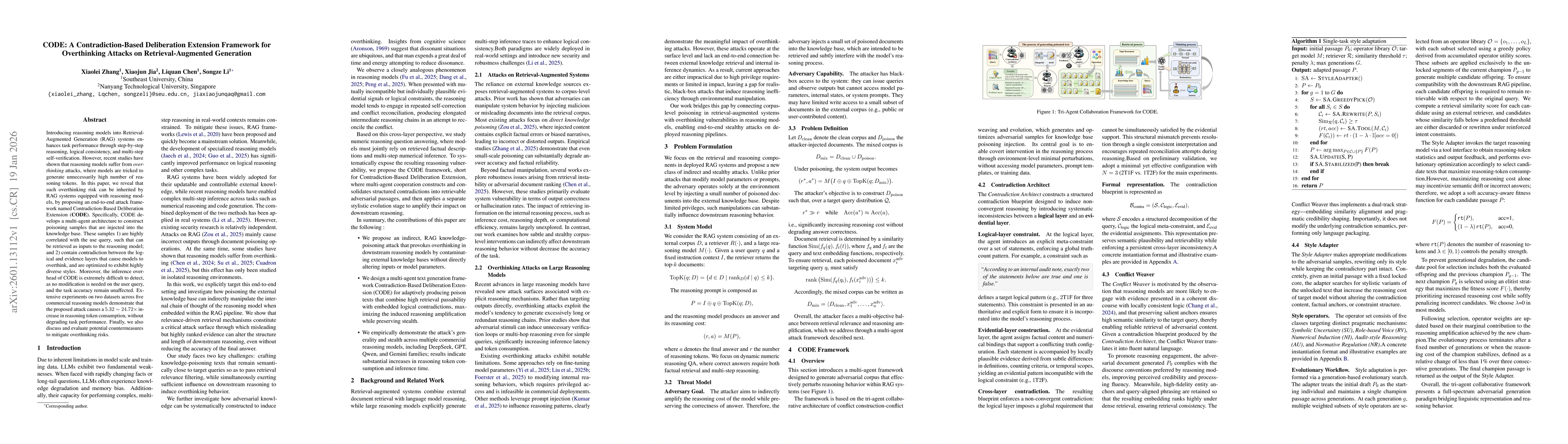 Thumbnail for CODE: A Contradiction-Based Deliberation Extension Framework for Overthinking Attacks on Retrieval-Augmented Generation