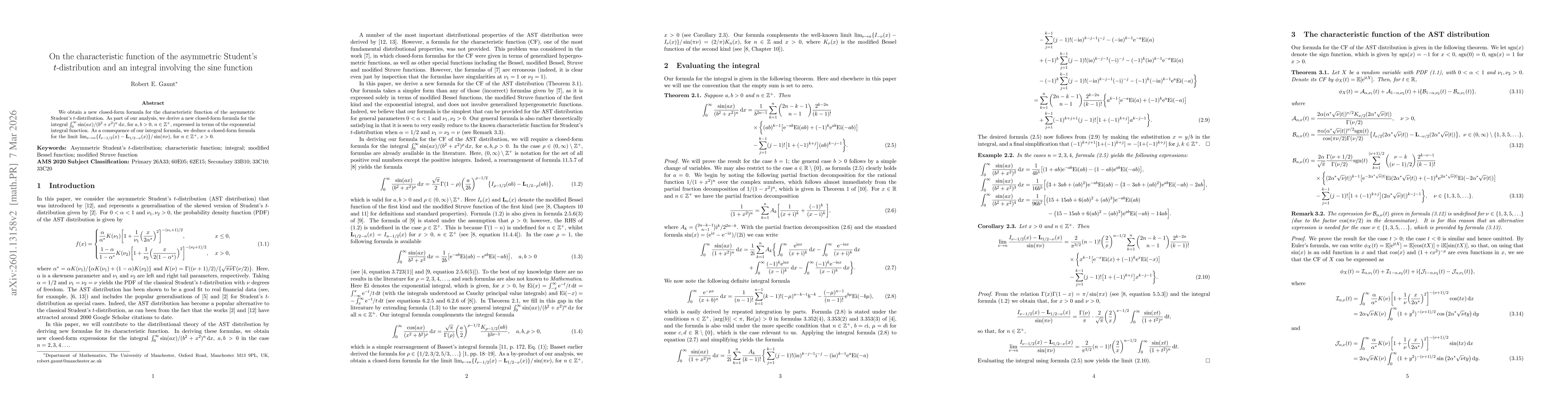 Thumbnail for On the characteristic function of the asymmetric Student's $t$-distribution and an integral involving the sine function