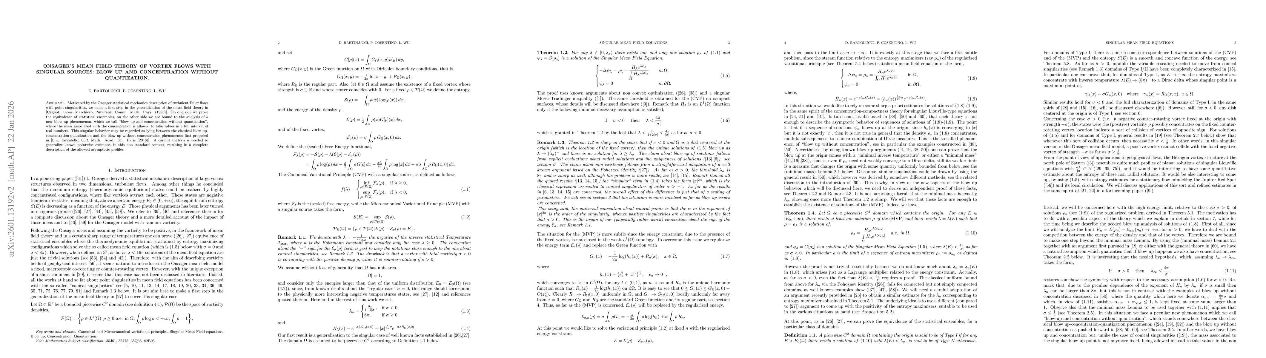 Thumbnail for Onsager's Mean Field Theory of Vortex Flows with Singular Sources: Blow-Up and Concentration without Quantization