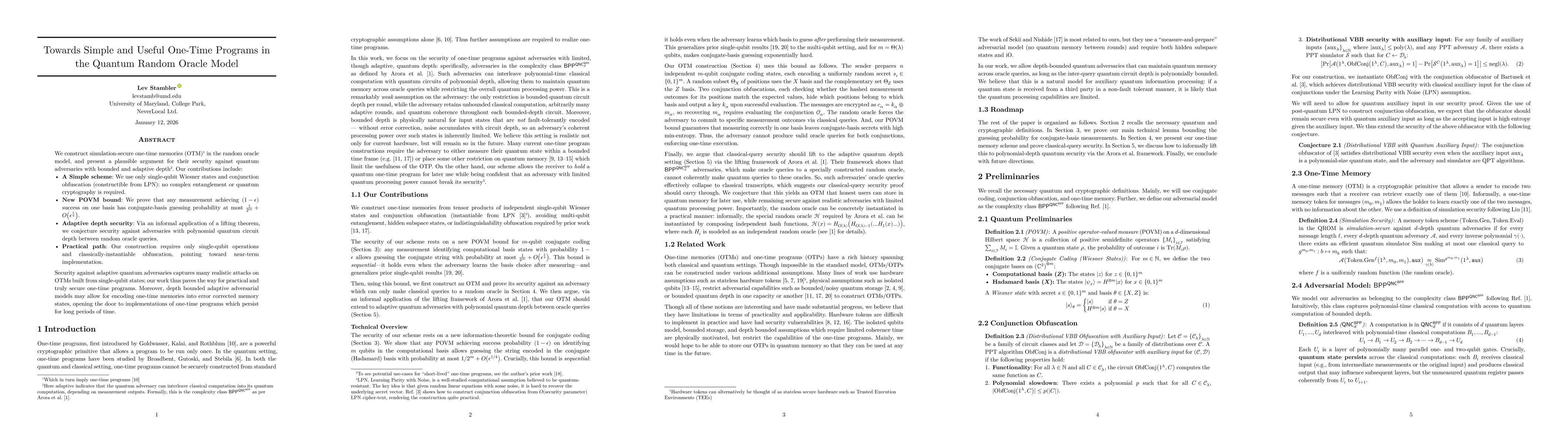Thumbnail for Towards Simple and Useful One-Time Programs in the Quantum Random Oracle Model