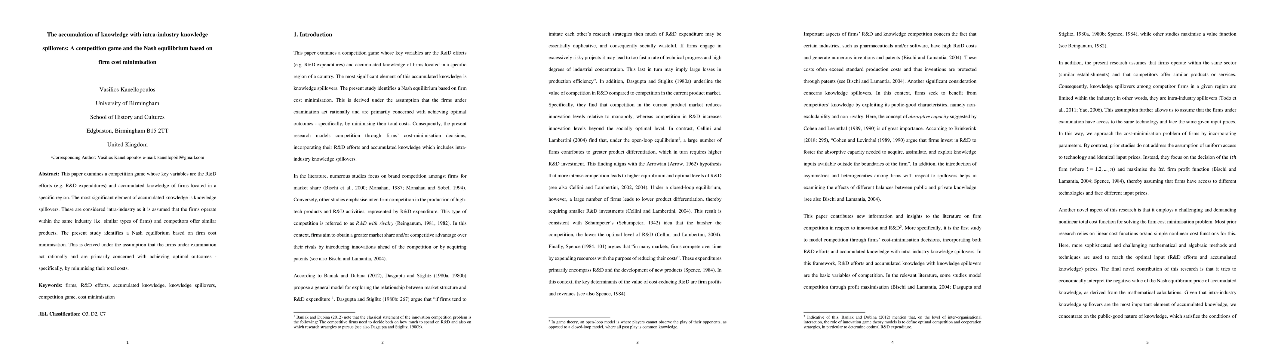 Thumbnail for The accumulation of knowledge with intra-industry knowledge spillovers: A competition game and the Nash equilibrium based on firm cost minimisation