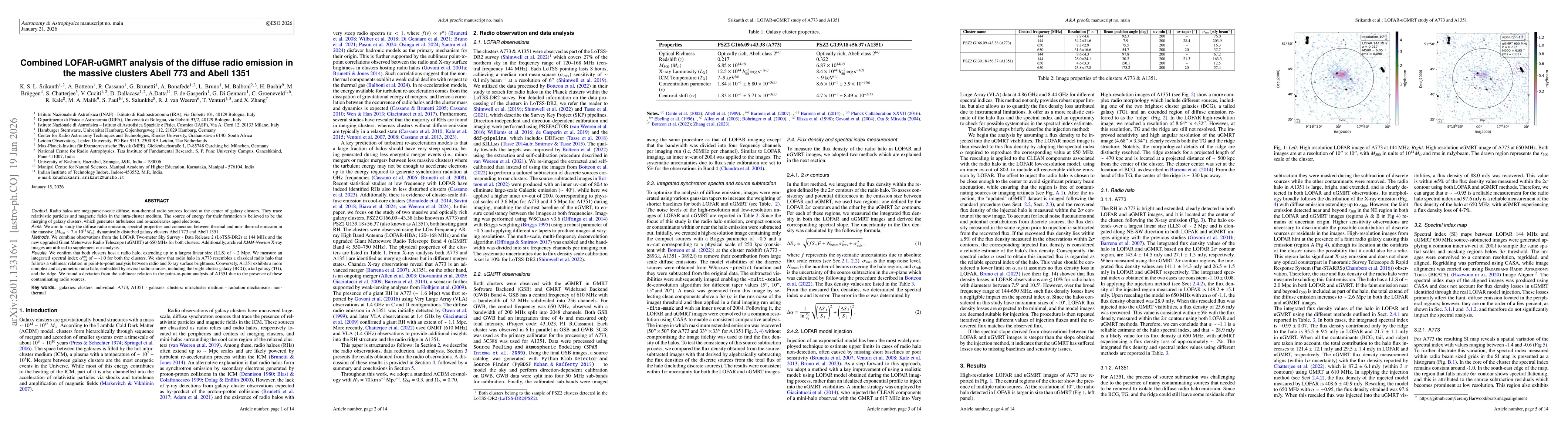 Thumbnail for Combined LOFAR-uGMRT analysis of the diffuse radio emission in the massive clusters Abell 773 and Abell 1351