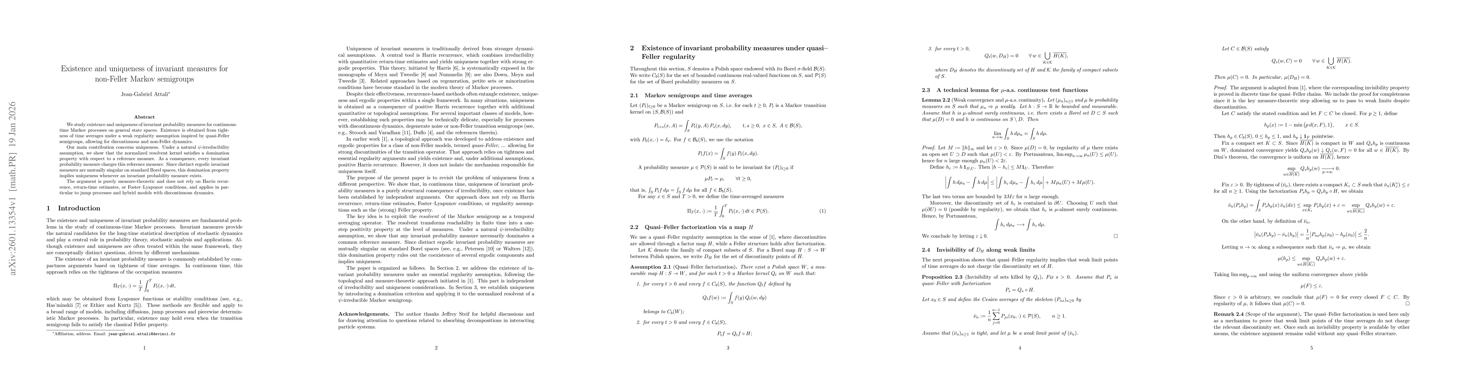 Thumbnail for Existence and uniqueness of invariant measures for non-Feller Markov semigroups