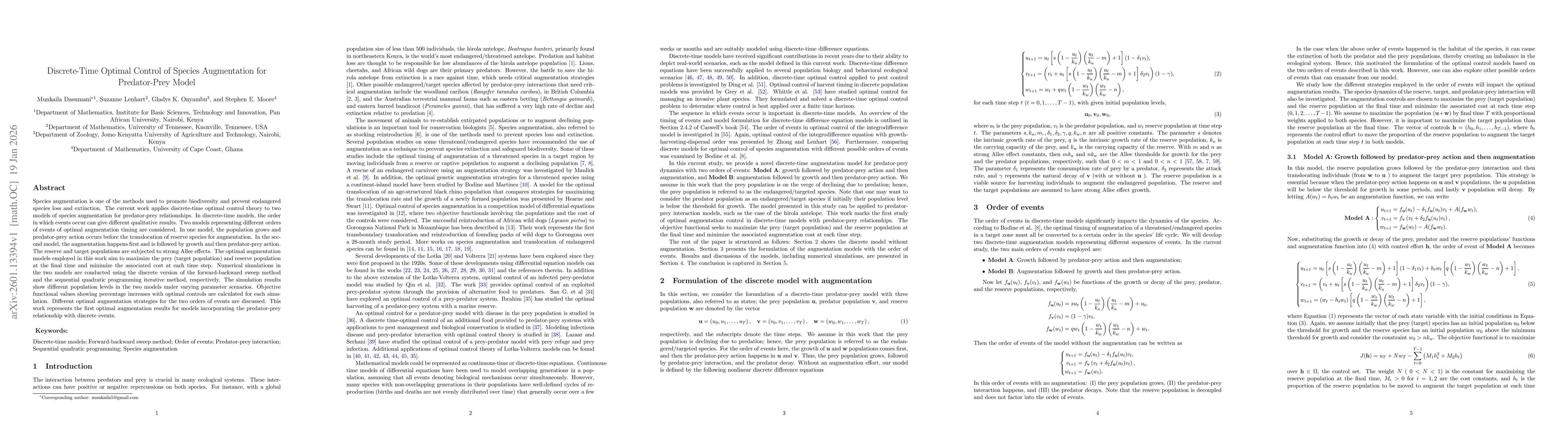Thumbnail for Discrete-Time Optimal Control of Species Augmentation for Predator-Prey Model
