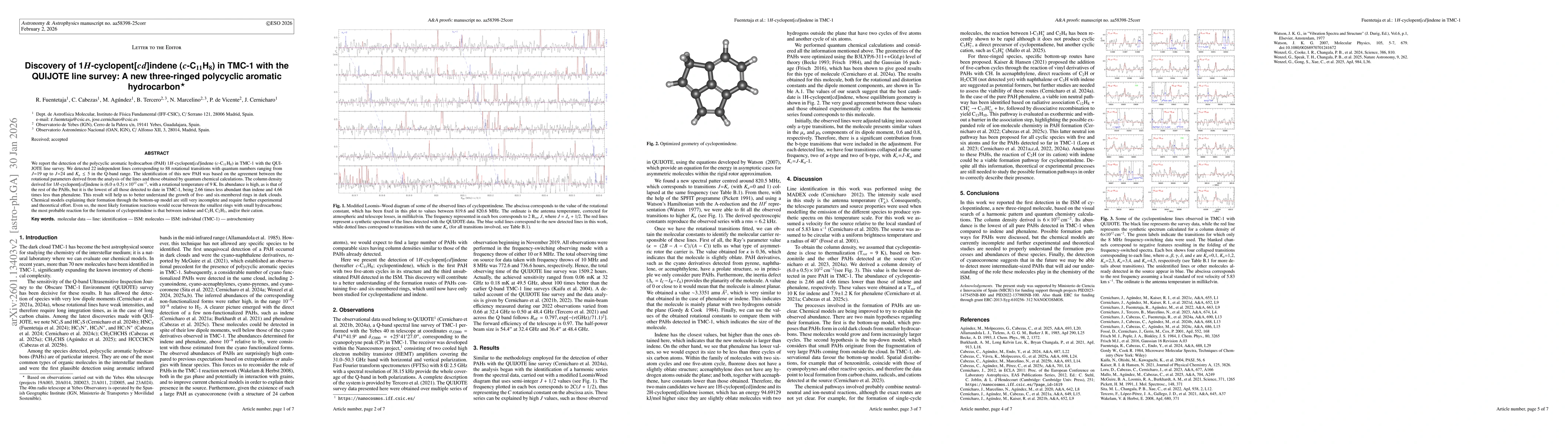 Thumbnail for Discovery of 1H-cyclopent[cd]indene (c-C11H8) in TMC-1 with the QUIJOTE line survey: A new three-ringed polycyclic aromatic hydrocarbon