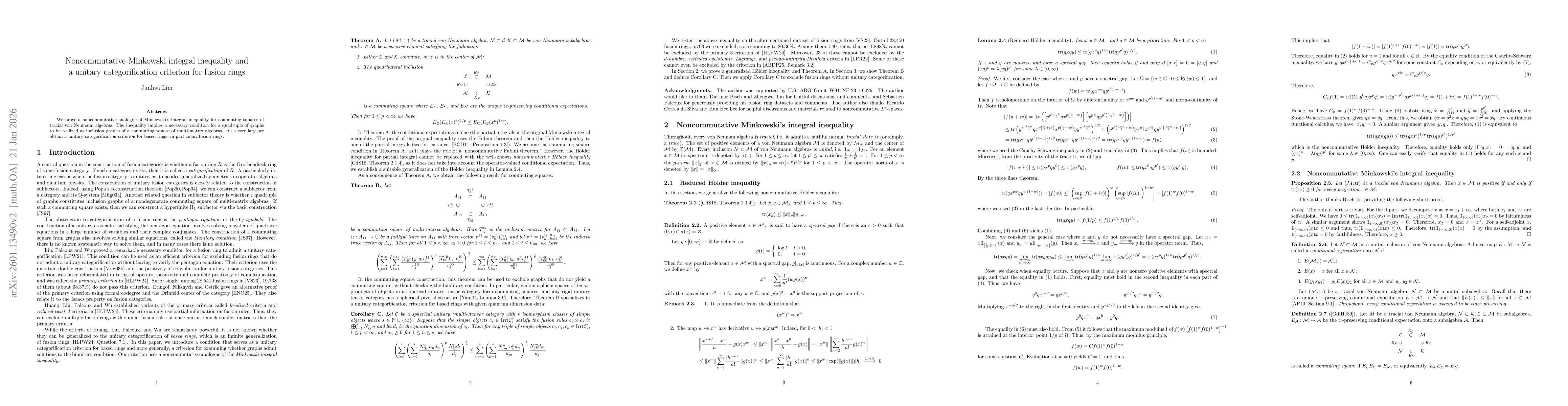 Thumbnail for Noncommutative Minkowski integral inequality and a unitary categorification criterion for fusion rings