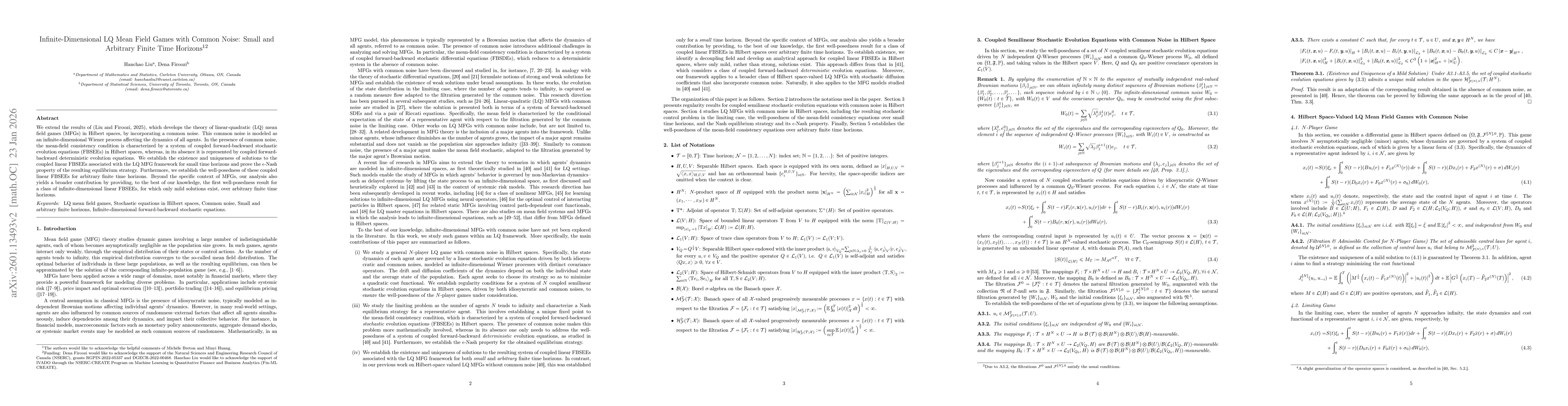 Thumbnail for LQ Mean Field Games with Common Noise in Hilbert Spaces: Small and Arbitrary Finite Time Horizons