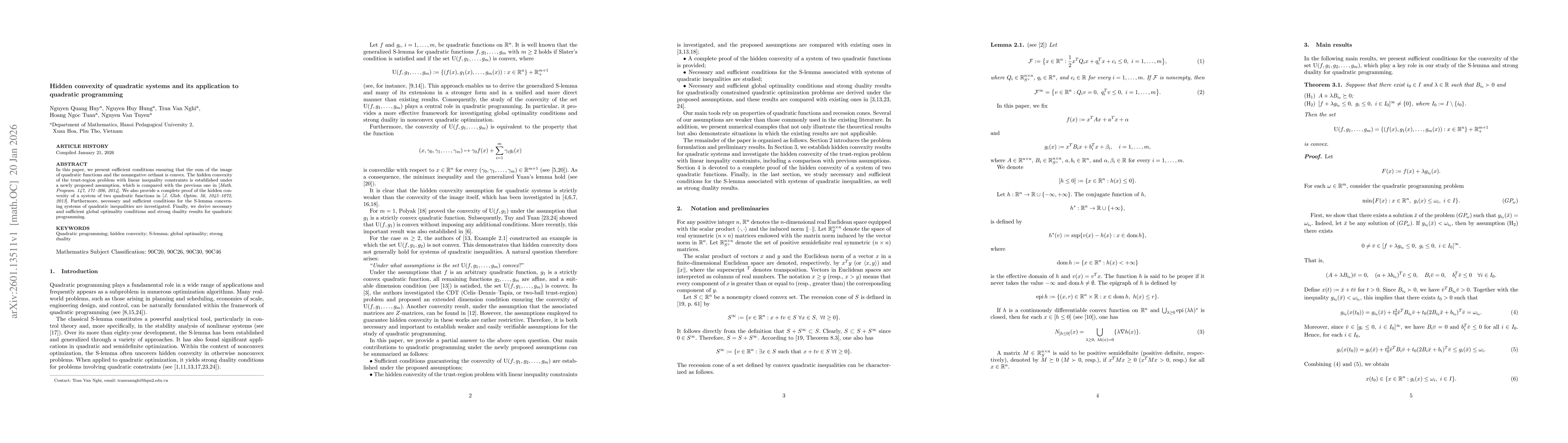 Thumbnail for Hidden convexity of quadratic systems and its application to quadratic programming